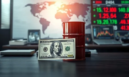 US dollar banknote and crude oil barrel on a desk with financial charts in background