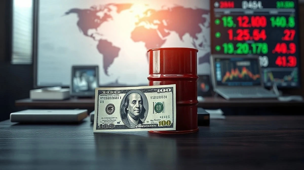US dollar banknote and crude oil barrel on a desk with financial charts in background