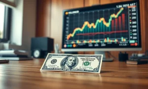 U.S. dollar bill on desk with stock market chart on monitor in background