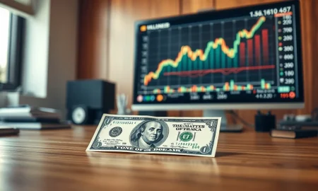 U.S. dollar bill on desk with stock market chart on monitor in background