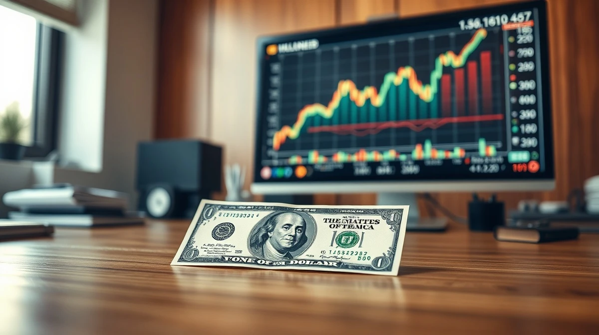 U.S. dollar bill on desk with stock market chart on monitor in background