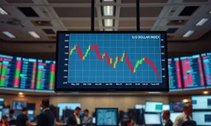 Dollar index chart showing decline on trading floor amid market volatility