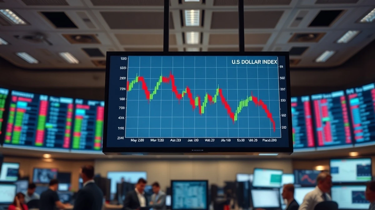 Dollar index chart showing decline on trading floor amid market volatility
