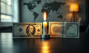 US dollar and Iranian rial banknotes with a peace candle on a desk, representing hopes for an end to the war.