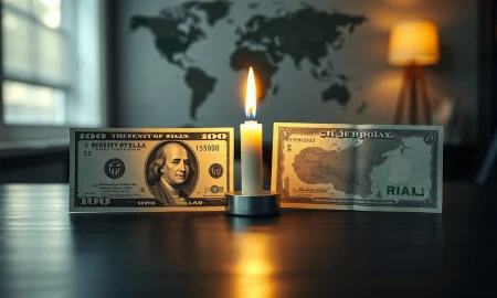 US dollar and Iranian rial banknotes with a peace candle on a desk, representing hopes for an end to the war.