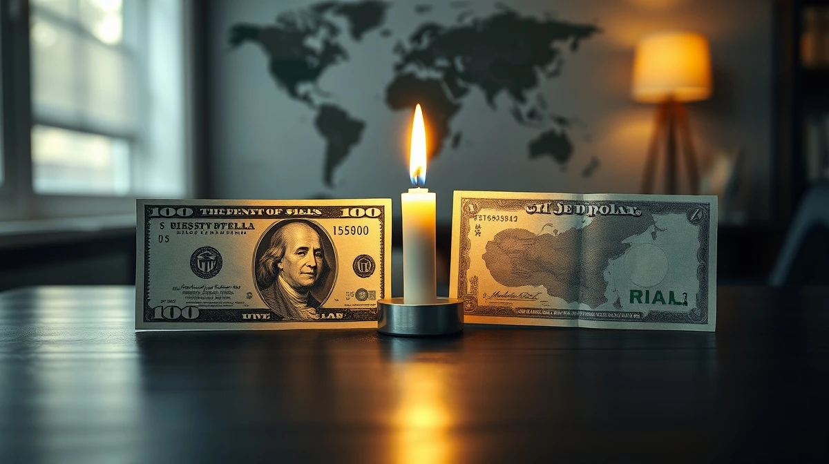 US dollar and Iranian rial banknotes with a peace candle on a desk, representing hopes for an end to the war.