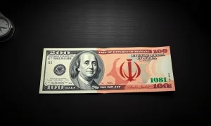 US dollar and Iranian rial banknotes on a desk, symbolizing currency market reaction to geopolitical developments.