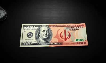US dollar and Iranian rial banknotes on a desk, representing currency market reaction to geopolitical news.