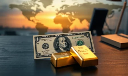 US dollar banknote and gold bar on desk representing forex and precious metals market reaction to geopolitical news