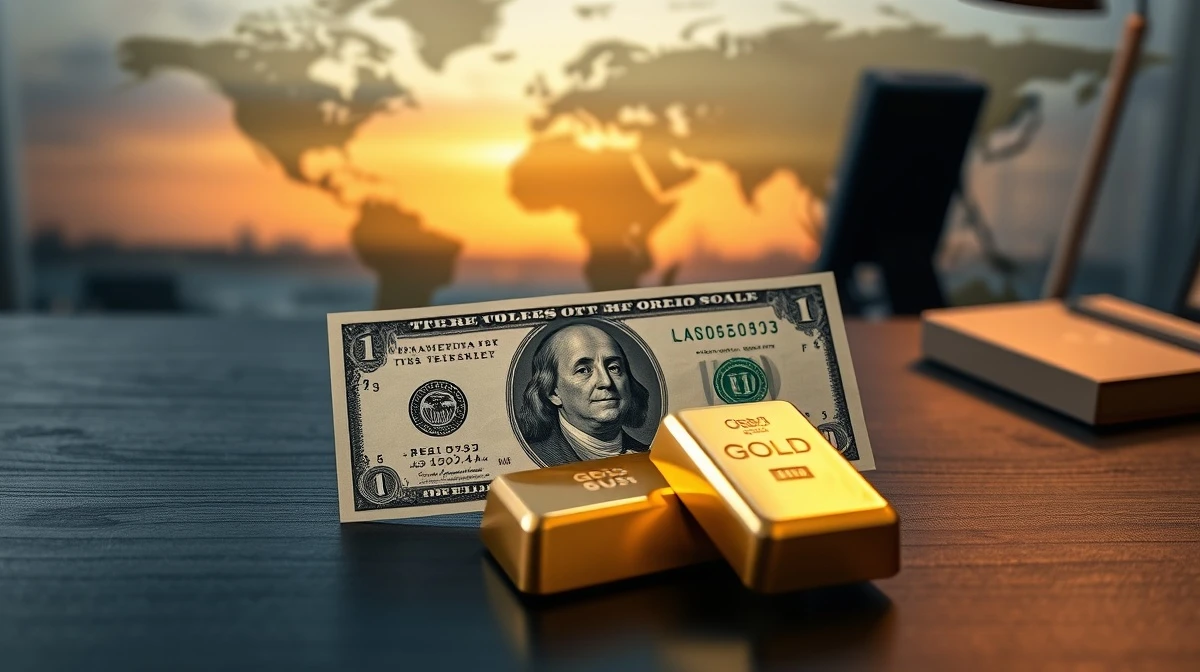 US dollar banknote and gold bar on desk representing forex and precious metals market reaction to geopolitical news