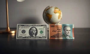 US dollar and Iranian rial banknotes on a desk with a globe in the background.