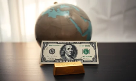 US dollar banknote and gold bar on desk with globe in background, representing currency and precious metals markets.