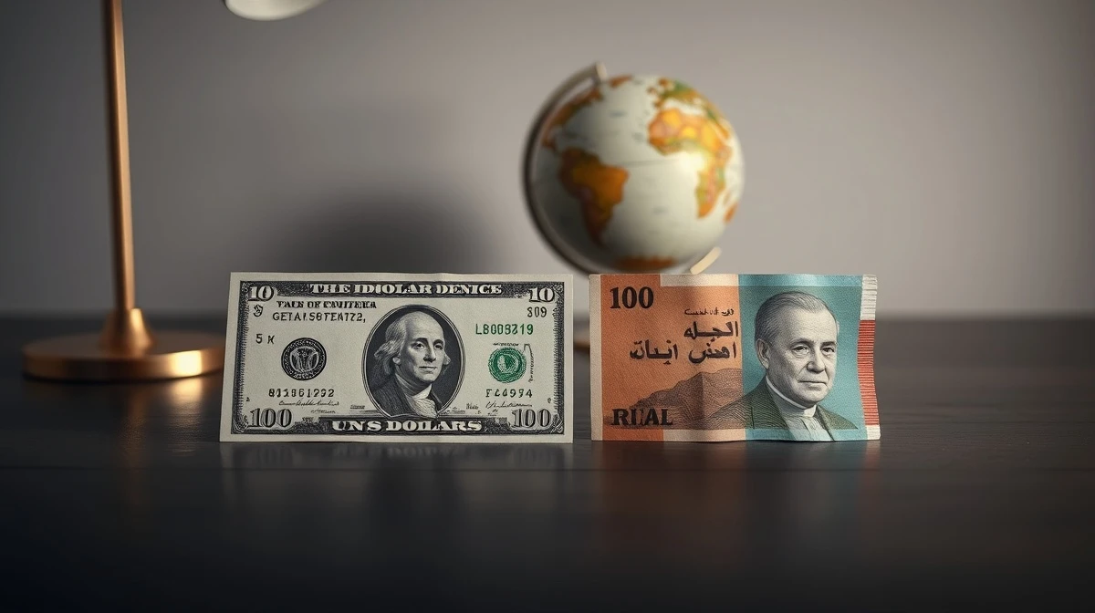 US dollar and Iranian rial banknotes on a desk with a globe in the background.