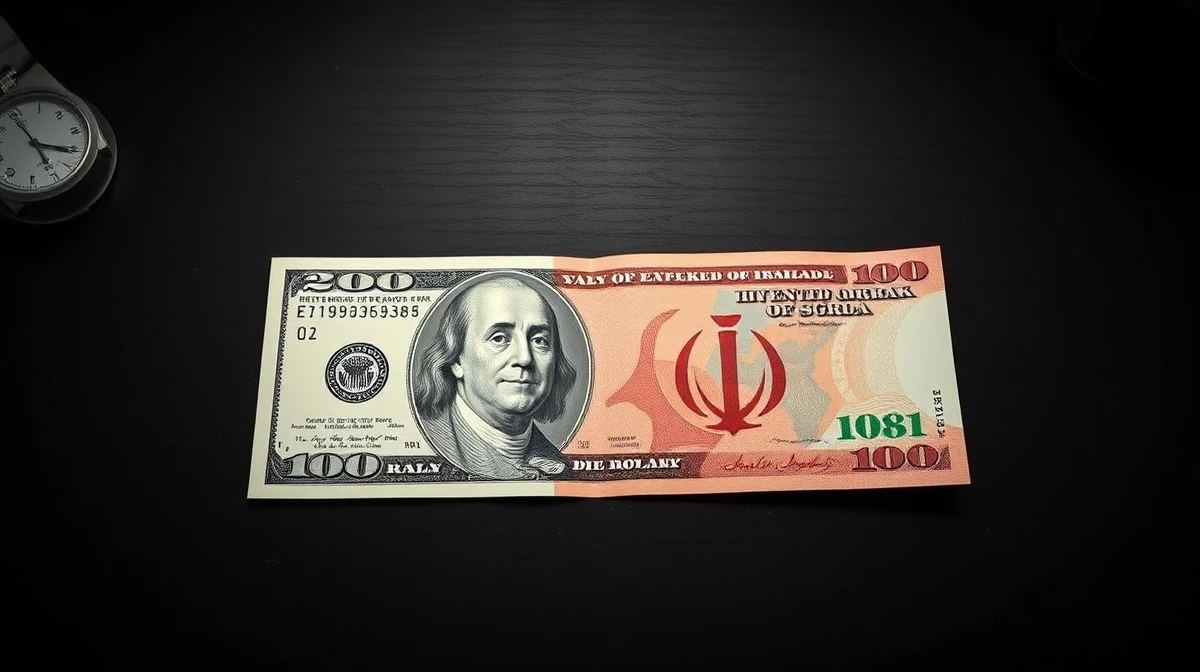 US dollar and Iranian rial banknotes on a desk, symbolizing currency market reaction to geopolitical developments.