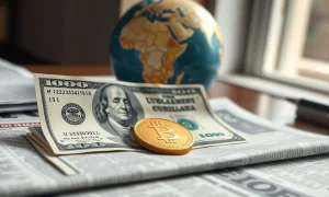 Dollar bills and gold coins on a newspaper, representing currency and safe-haven assets amid geopolitical uncertainty.