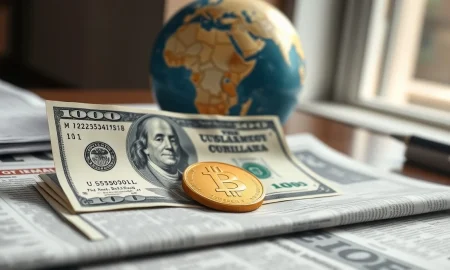 Dollar bills and gold coins on a newspaper, representing currency and safe-haven assets amid geopolitical uncertainty.