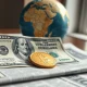 Dollar bills and gold coins on a newspaper, representing currency and safe-haven assets amid geopolitical uncertainty.