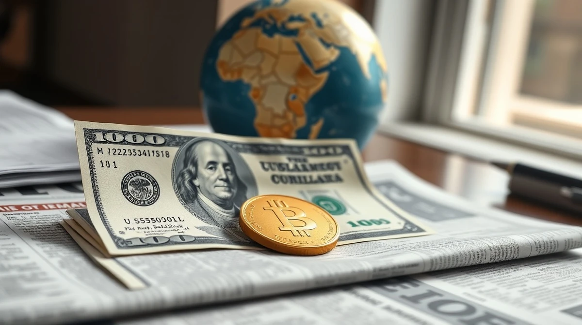 Dollar bills and gold coins on a newspaper, representing currency and safe-haven assets amid geopolitical uncertainty.