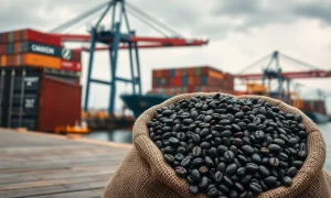 Burlap sack of coffee beans at a port with cargo ship in background, representing global coffee trade and supply chain factors.