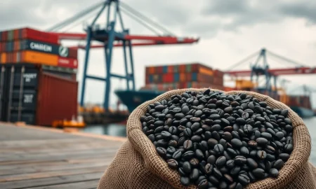 Burlap sack of coffee beans at a port with cargo ship in background, representing global coffee trade and supply chain factors.