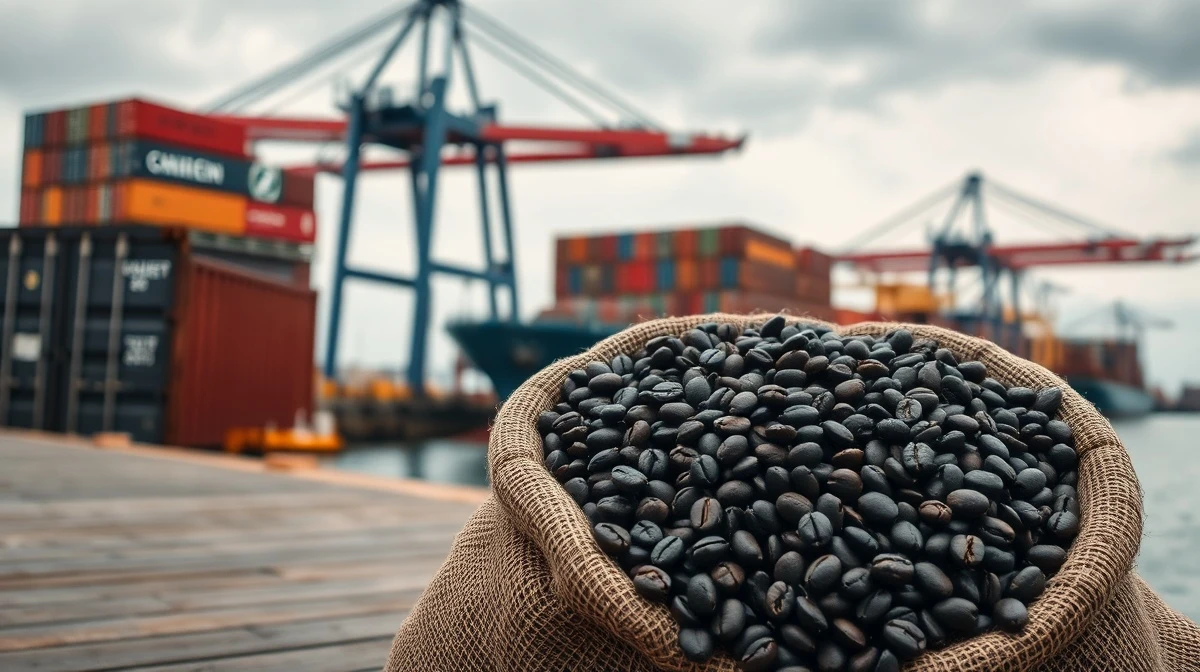 Burlap sack of coffee beans at a port with cargo ship in background, representing global coffee trade and supply chain factors.