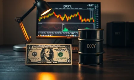 US dollar and crude oil barrel on desk with financial charts on monitor