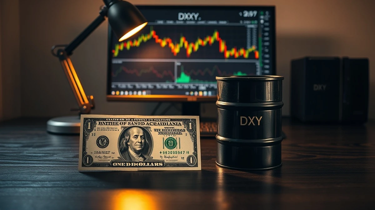 US dollar and crude oil barrel on desk with financial charts on monitor