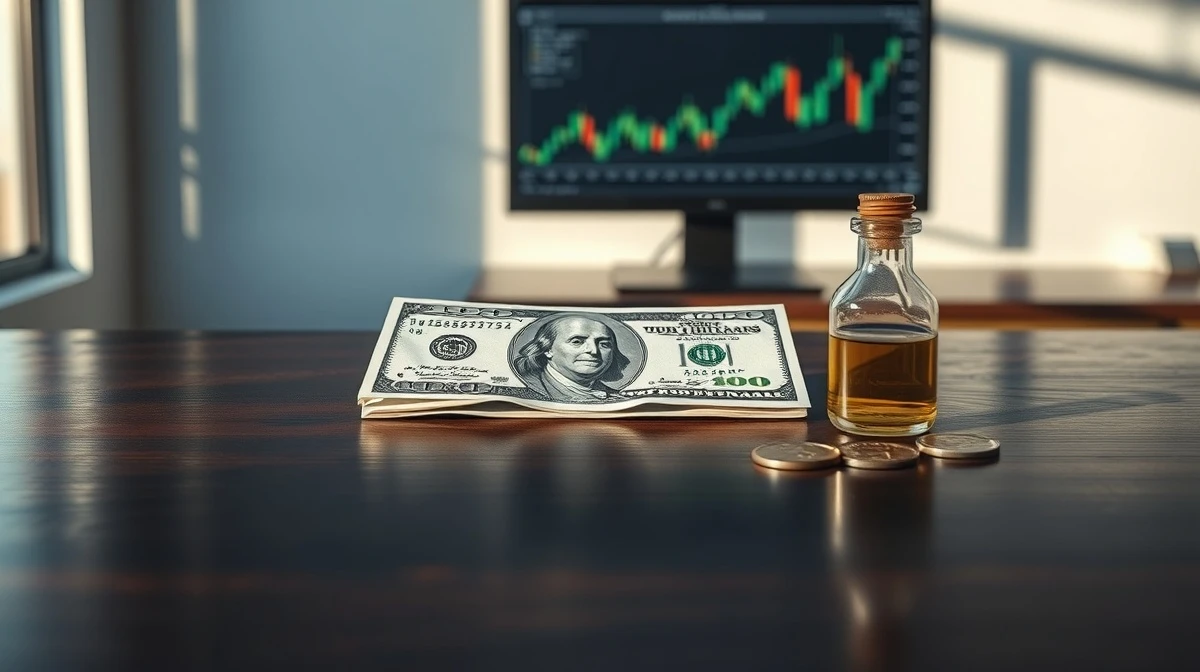 US Dollar banknote with oil and reserve assets on desk, representing currency support factors