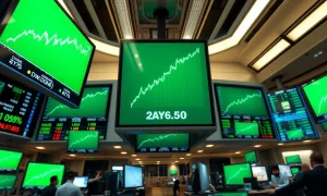 Dow Jones futures charts showing green upward trend on stock exchange screens