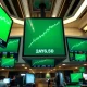 Dow Jones futures charts showing green upward trend on stock exchange screens