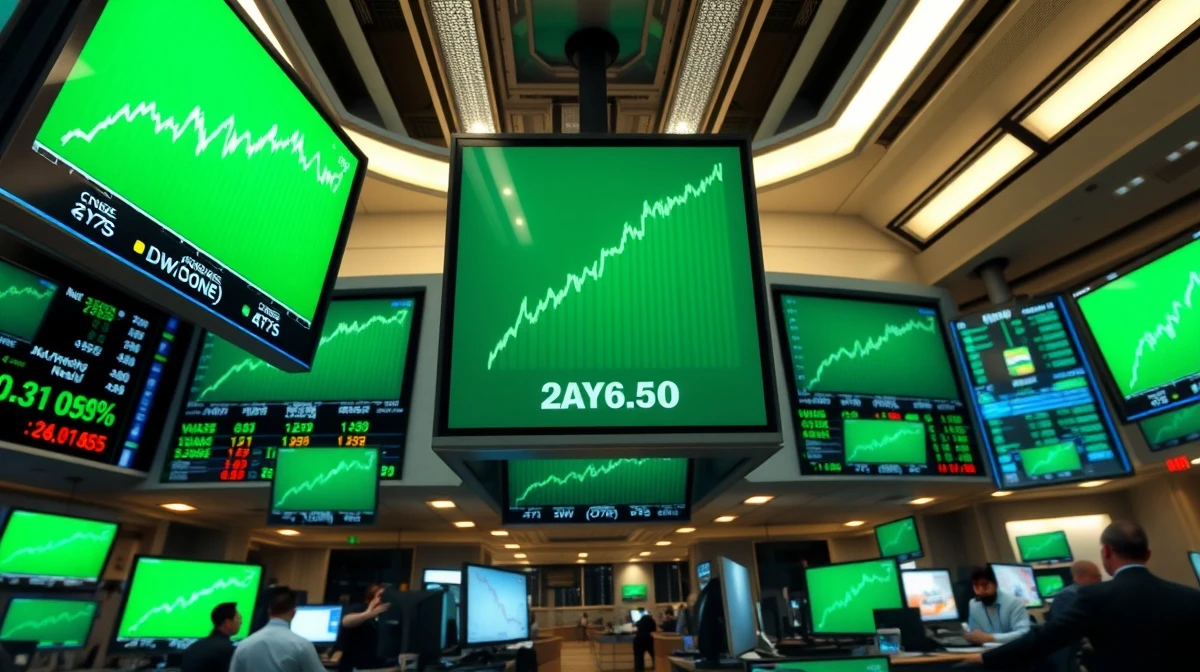 Dow Jones futures charts showing green upward trend on stock exchange screens