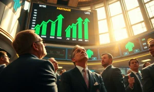 Traders on the NYSE floor watching a green Dow Jones board amid US-Iran deal rumors.