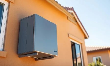 A modern residential heat pump unit installed on the exterior wall of a house, representing Sadi Thermal Machines' technology.
