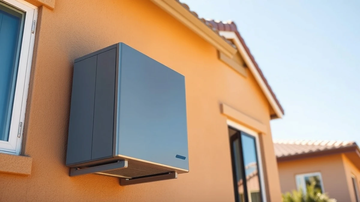 A modern residential heat pump unit installed on the exterior wall of a house, representing Sadi Thermal Machines' technology.