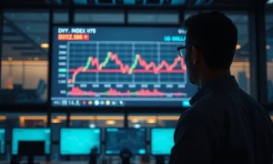 Analyst monitoring sideways DXY chart on trading floor screen