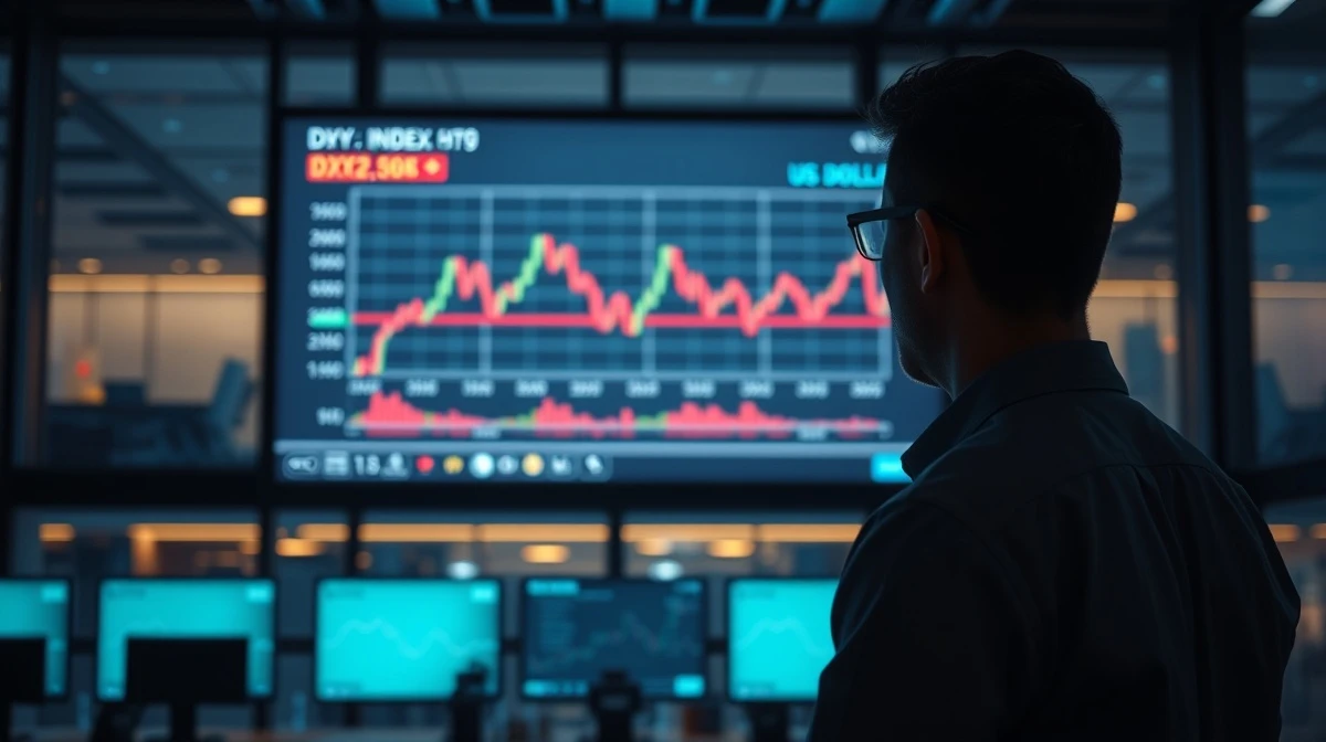 Analyst monitoring sideways DXY chart on trading floor screen