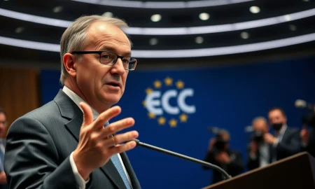 ECB Governing Council member François Villeroy de Galhau speaking at a press conference in Frankfurt