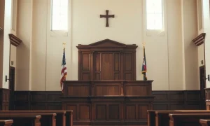 California courtroom interior with empty jury boxes and judge's bench