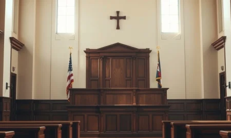 California courtroom interior with empty jury boxes and judge's bench