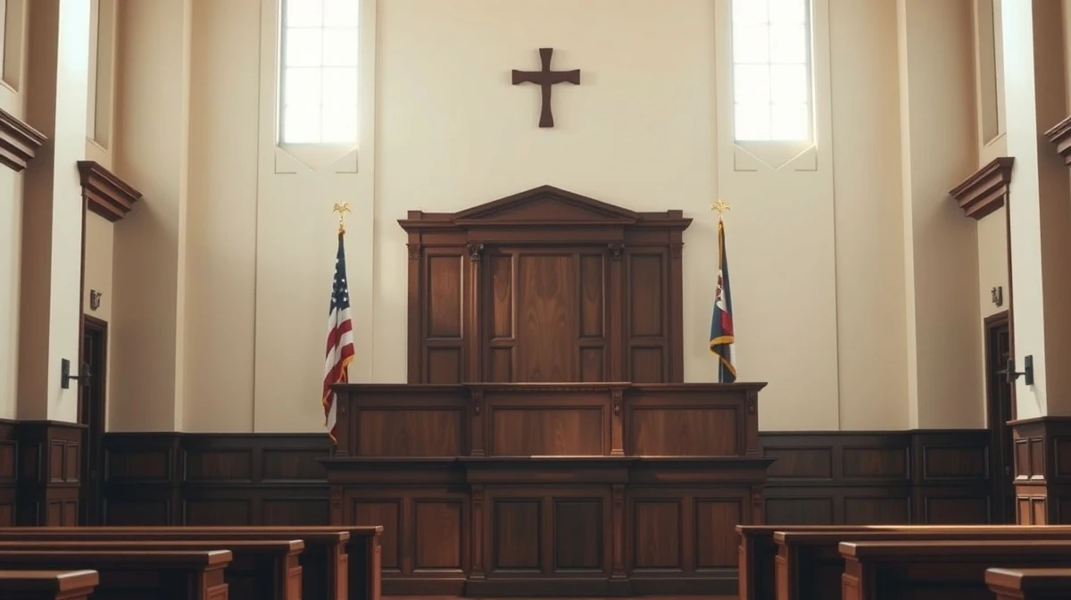 California courtroom interior with empty jury boxes and judge's bench