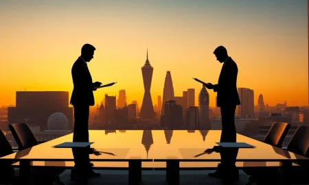 Two business silhouettes facing each other over a conference table with London skyline in background
