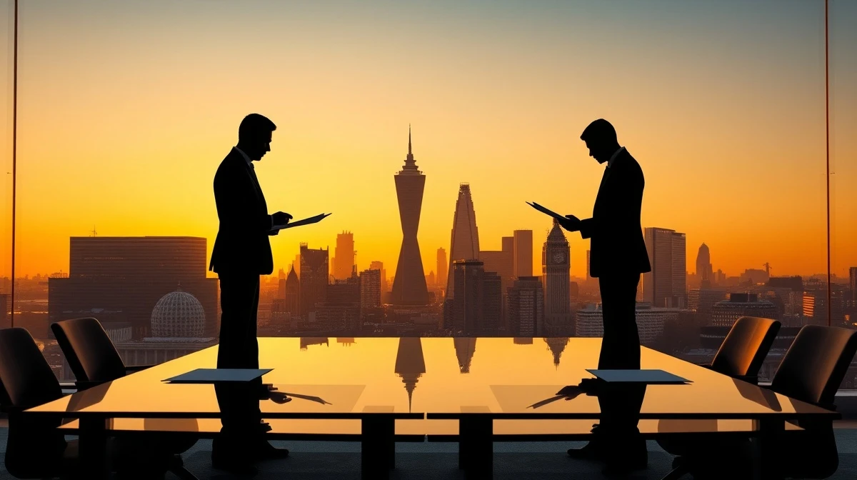 Two business silhouettes facing each other over a conference table with London skyline in background