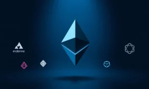 Ethereum symbol fading as competing blockchain logos emerge in the background, representing declining DeFi market dominance.