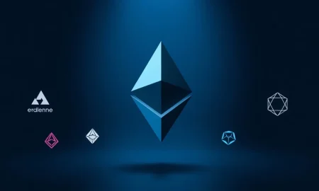 Ethereum symbol fading as competing blockchain logos emerge in the background, representing declining DeFi market dominance.