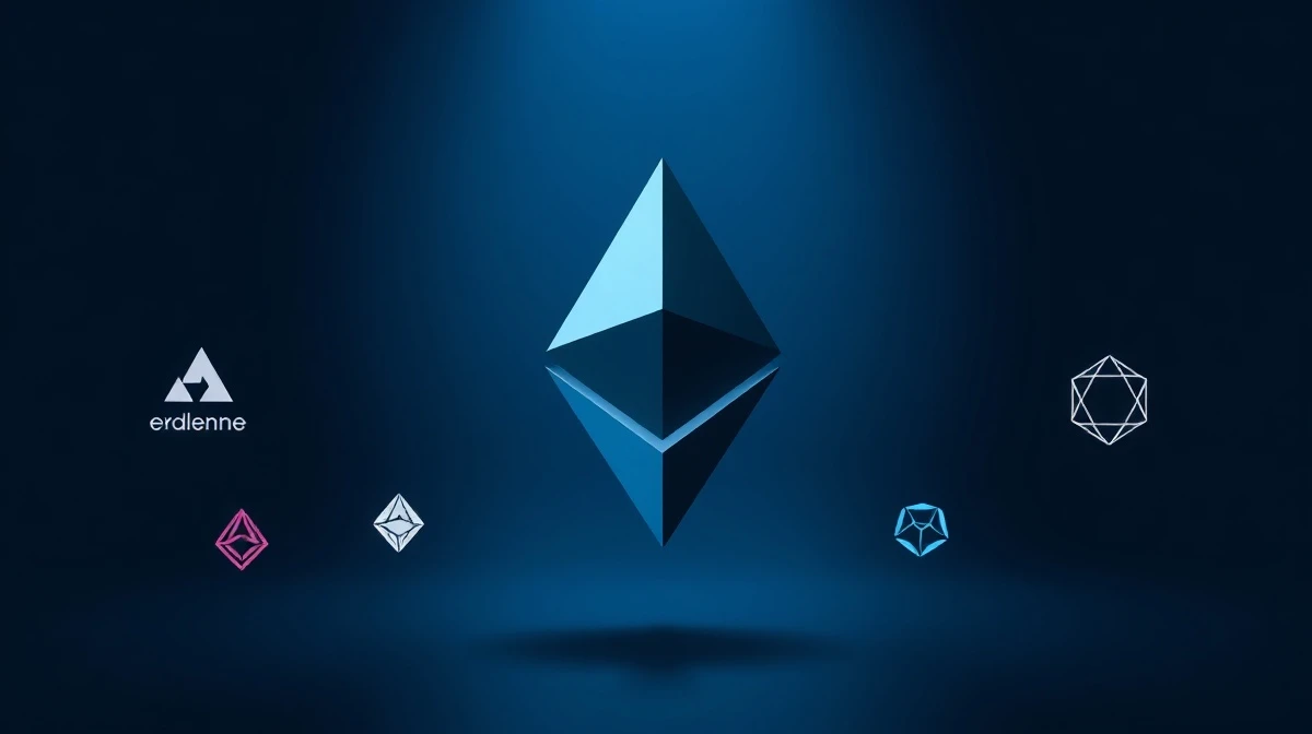 Ethereum symbol fading as competing blockchain logos emerge in the background, representing declining DeFi market dominance.