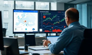 Analysts reviewing EU-China trade data on a digital screen in a modern office.