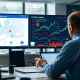 Analysts reviewing EU-China trade data on a digital screen in a modern office.