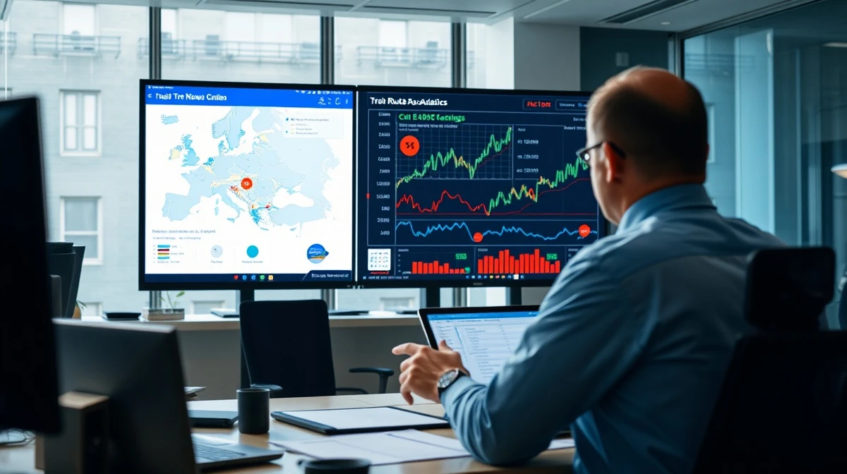 Analysts reviewing EU-China trade data on a digital screen in a modern office.