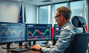 Financial analyst monitors EUR/CZK forex charts on multiple screens in a modern office