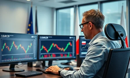 Financial analyst monitors EUR/CZK forex charts on multiple screens in a modern office